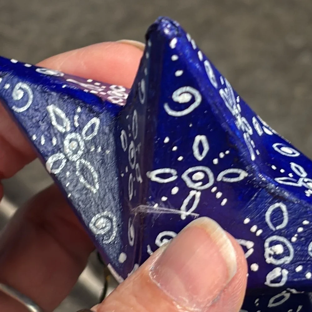 Christmas Ornaments Blue Hand Painted Folk Art Papier Mache Star Finial Set 2